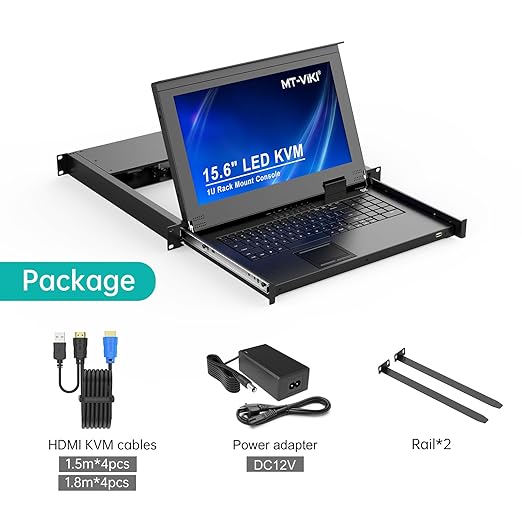 MT-VIKI Rack Mount KVM Console w/15.6" LCD Monitor, 8 Port HDMI KVM Switch, 1920x1080@60Hz 1U Integrated Monitor Keyboard, Fits 18.9" to 31.5" Deep Racks (480-800mm), Included 8 Cables