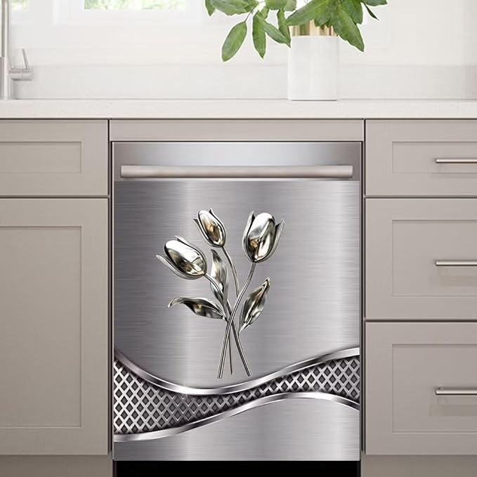 Stainless Steel Flower Wallpaper Dishwasher Cover Decorative Magnetic Sticker Kitchen Refrigerator Covers for The Front Fridge Door Magnet 23W x 17H inchs