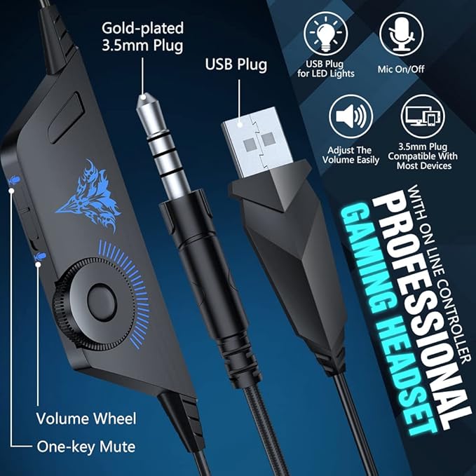 BENGOO G1 Wireless Gaming Headset with Mic for PS5, PS4, PC, Switch, Mac, 2.4GHz USB/Type-C & Bluetooth 5.4 Headphones with Foldable Design, 7.1 Surround Sound, RGB Lights - Black and Blue