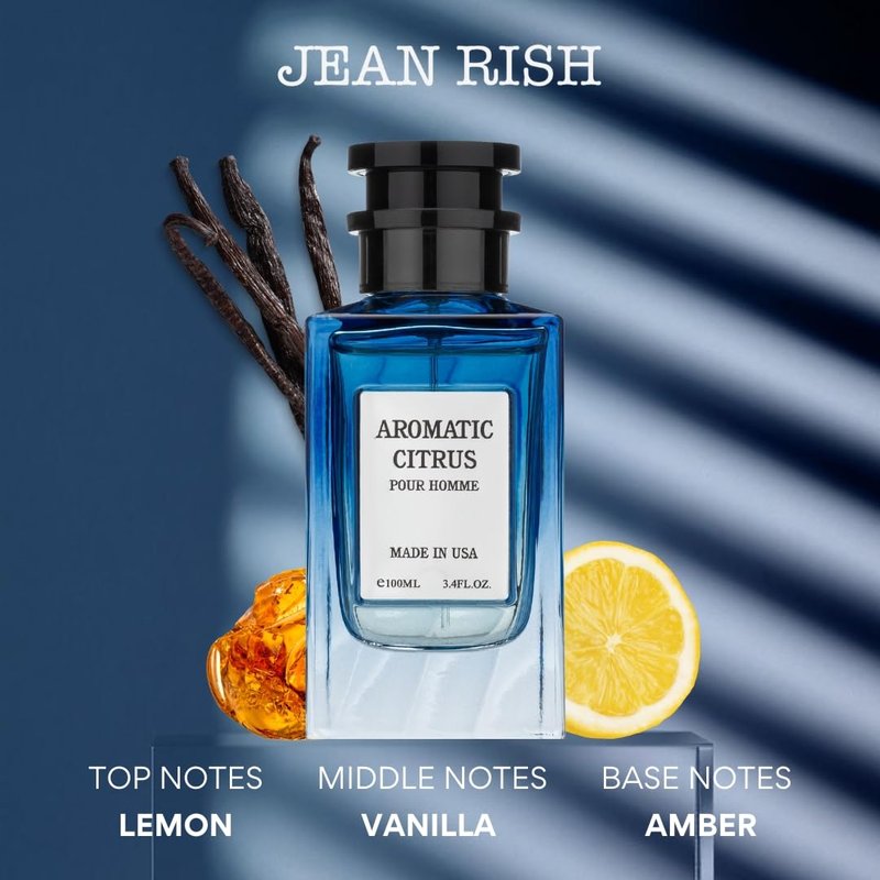 Jean Rish Aromatic Citrus Perfume for Men Eau De Parfum, Long-Lasting Luxury Fragrance, Made In USA - Lemon, Lavender, Vanilla, Amber Scent - 100ml / 3.4 oz