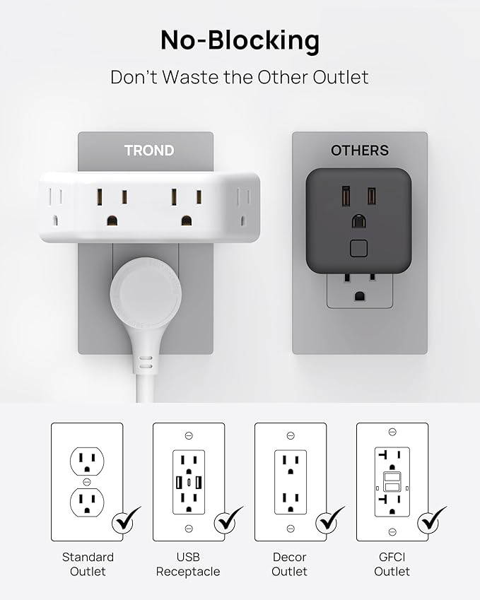 TROND Outlet Extender Surge Protector - Multi Plug Wall Outlet with 4 Grounded Sockets, 3 Way Angled Plug Adapter, 900J, Electrical Wall Splitter for Bathroom Kitchen Office, White