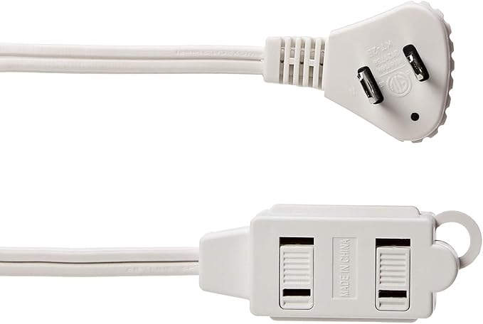 Amazon Basics 6-Foot 2-Prong Indoor Extension Cord Power Strip with Flat Plug, Space-Saving Design, 13 Amps, 1625 Watts, 125 VAC, White, 2-Pack