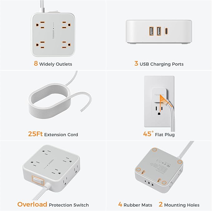 TESSAN Surge Protector Power Strip, 25 Ft Flat Plug Extension Cord with 3 USB (1 USB C 20W PD) 8 Outlets, 1250W, 900J Protection, 3 Sided Outlet Extender with Power Switch for Office, Dorm Room, Grey