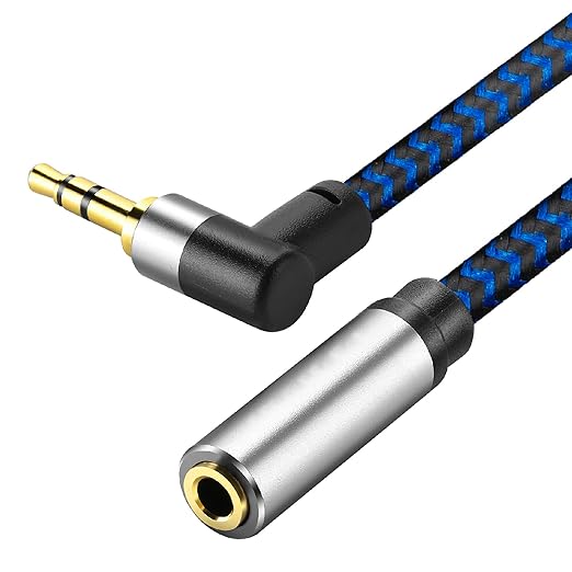 GGMTY 3FT 3.5mm Audio Extension Cable, 90-Degree Right Angle Aux Extender Cord (Male to Female), Nylon Braided TRS Stereo Audio Jack Adapter for Car, PC, Speakers, Headphones (No Mic Support)