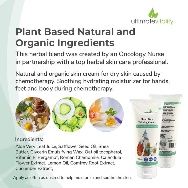 UltimateVitality Hand Foot Cream for For Oncology Patients, Intensive Natural and Organic Moisturizing Cream for sensitive Irritated Skin During Chemo Treatment - 6 Ounces