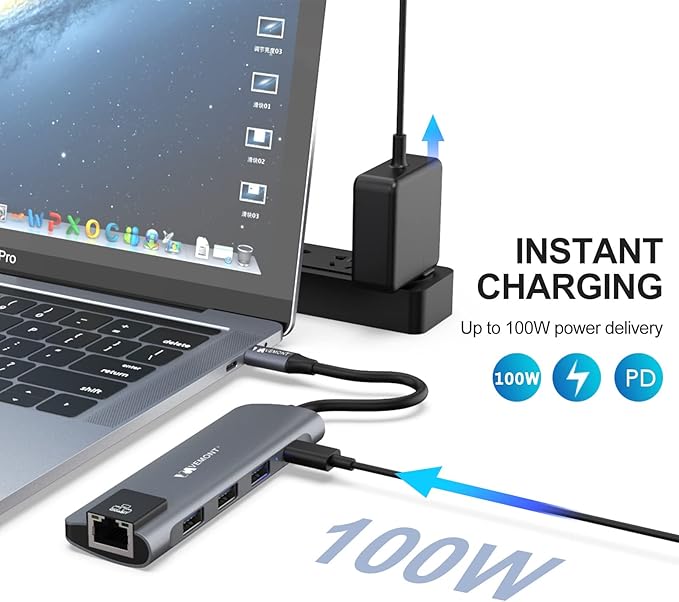 VEMONT 5-in-1 USB C Hub Multiport Adapter, Gigabit Ethernet, 3 USB 3.0 Ports, 100W PD Charging Docking Station Compatible with MacBook iPad Laptop All Type C Devices