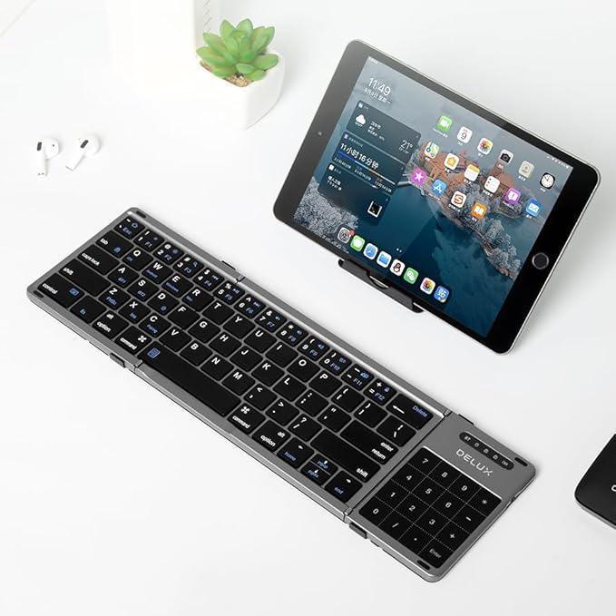 DELUX Tri-fold Keyboard with Touchpad and Numeric Keypad, 2.4G Wireless Bluetooth KBD, Rechargeable Portable Travel Folding Keyboard with PU Leather, Compatible for iOS/Android/Windows/Tablet (KF18)