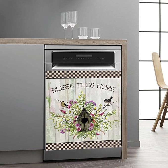 Bless This Home Dishwasher Magnet Vinyl Panel Fridge Decal,Flower Birds Dish Washer Cover Refrigerator Magnetic,Kitchen Decor Sticker Home Appliance Magnets 23"x17"