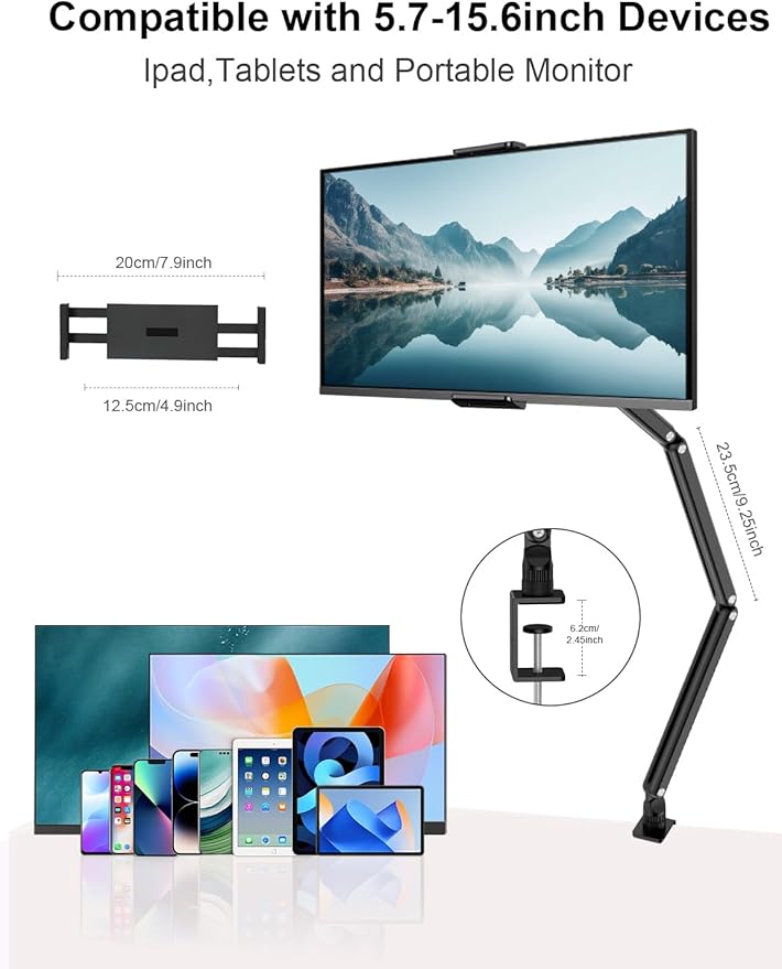Yumecamp Triple Arm Tablet Stand, Heavy Duty Aluminum iPad Holder with Desk Clamp, 360° Rotating Mount for 4.7-15.6" iPad/iPhone/Portable Monitors – Sturdy No-Shake Design for Kitchen,Work