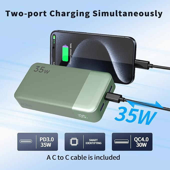 NOBIS Portable Charger, 20000mAh Power Bank, 35W Power Bank Fast Charging, Battery Pack with C to C Cable, Battery Bank with Digital Display for iPhone Android etc (Green)