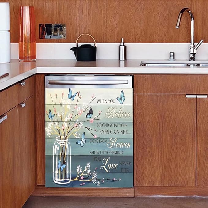 Floral Butterfly Dishwasher Magnet Cover -When You Believe Beyond What Your Eyes Can See Decals Magnetic Decoration,Flower Vase Dishwasher Magnets Decal for Home Kitchen Appliance Decor 23"x17"