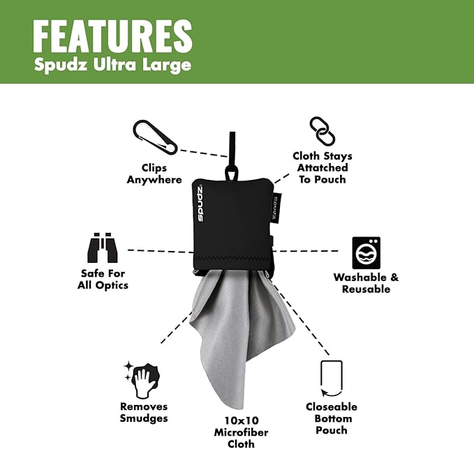 SPUDZ Ultra Microfiber Lens Cleaner with Closeable Bottom – Clip-On Pouch, Washable – for Binoculars, Scopes, Glasses, Screens | Ultra Trout Skin, 10 x 10 Inch