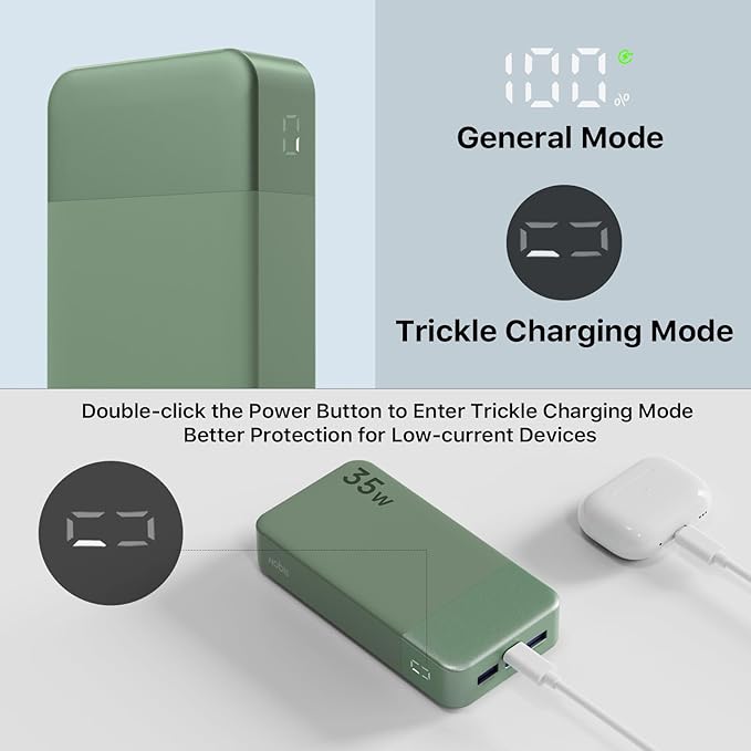 NOBIS Portable Charger, 20000mAh Power Bank, 35W Power Bank Fast Charging, Battery Pack with C to C Cable, Battery Bank with Digital Display for iPhone Android etc (Green)