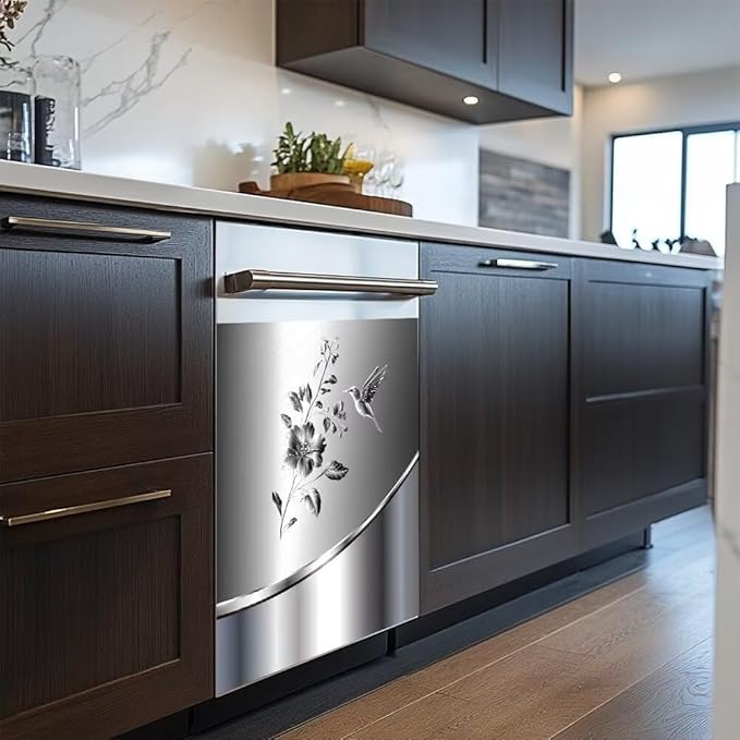 Stainless Steel Design Bird and Flower Pattern Magnetic Dishwasher Sticker Kitchen Refrigerator Magnetic Cover Decal Reusable Fridge Panel Decal Decor,23W x 26H inchse