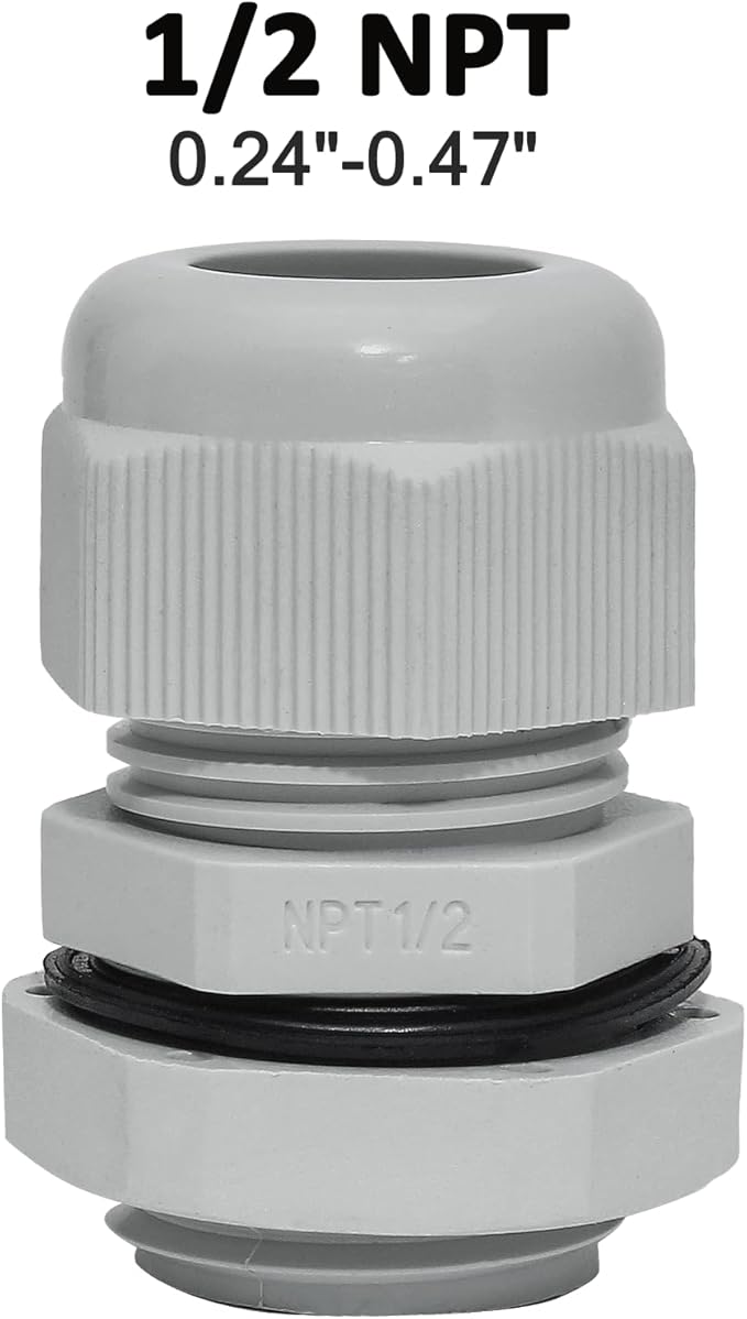 Bonsicoky 20 Pcs 1/2" NPT Nylon Cable Glands, IP68 Waterproof Adjustable Cord Grip Cable Connector Strain Relief Wire Protectors for 6-12mm Cable Diameter, Grey