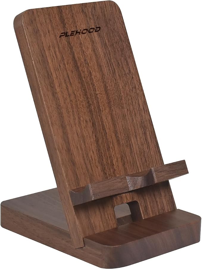 Plehood Wood Phone Stand, Desktop Wooden Phone Holder, Portable Office Phone Stand for Desk, Wood ipad Stand, Compatible with iPhone & All Cell Phones (Walnut)