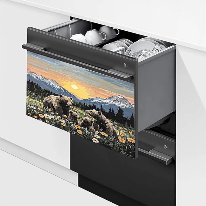 Dishwasher Magnet Cover Panel Sunset Garden Bears Refrigerator Magnetic Stickers Oil Painting Style Brown Bear Magnetic Dishwasher Decals for Home Kitchen Decor 23" x 17"(Magnetic)