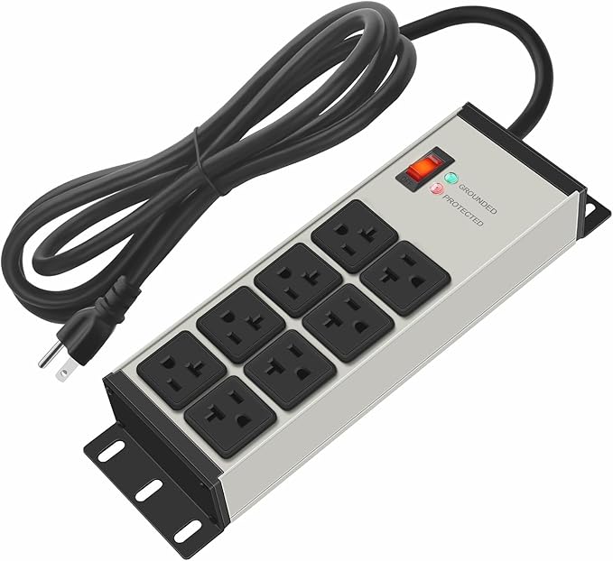 CCCEI Heavy Duty Power Strip Surge Protector 20 AMP Switch, 12 Gauge Extension Cord with Multiple Outlets, Industrial, Shop, Garage High Amp Wall Mount Electric Extender. 25FT, Grey.