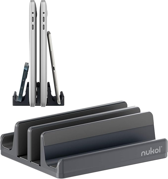 Nukoi Vertical Laptop Stand - SPACEMax Adjustable GRIPLock Anti-Tip Silicone 4 Slots Aluminum Desktop Holder - Double Dock Stand - 2 Phone Slots Fits Up to 17.3” Laptops, Tablets, Phones - Gray
