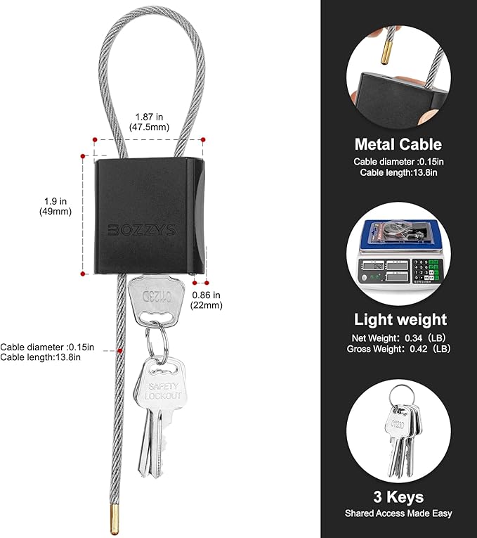 BOZZYS Cable Padlock with 3 Keys | L 1.15ft(0.35m),D 1/6in(4mm) Adjustable Steel Cable Lock | Aluminum Locks for Bikes, Gate, Lockers & Outdoor Gear | Weatherproof & Black