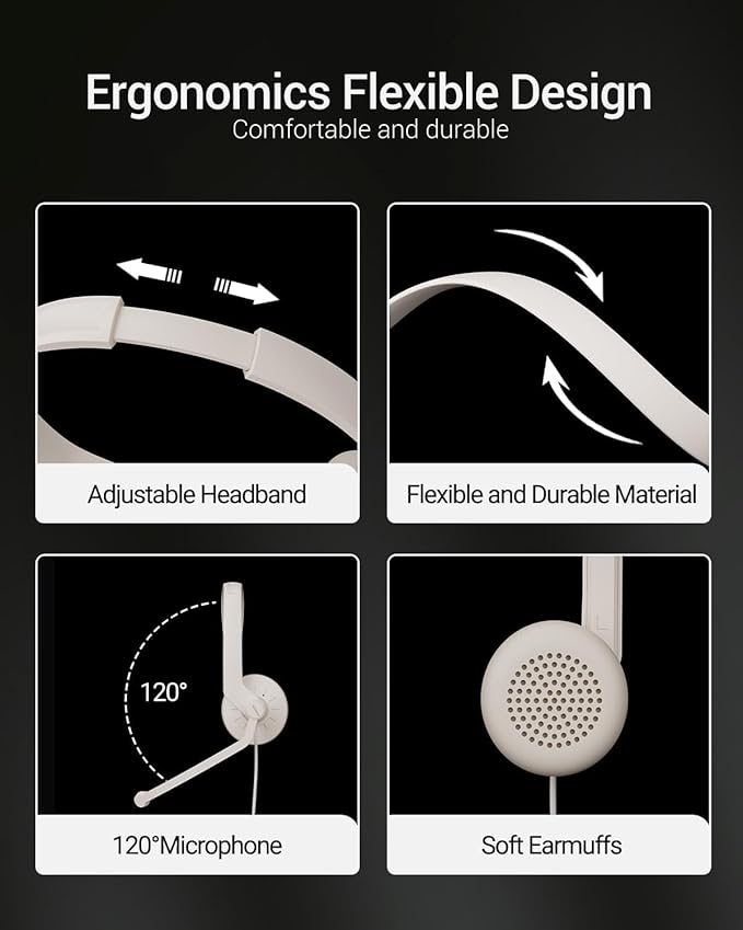 FEABASK USB Headset with Microphone for PC - Wired Computer Headphones with Noise Cancelling Microphone for Home Office Online Class Skype Zoom Meetings
