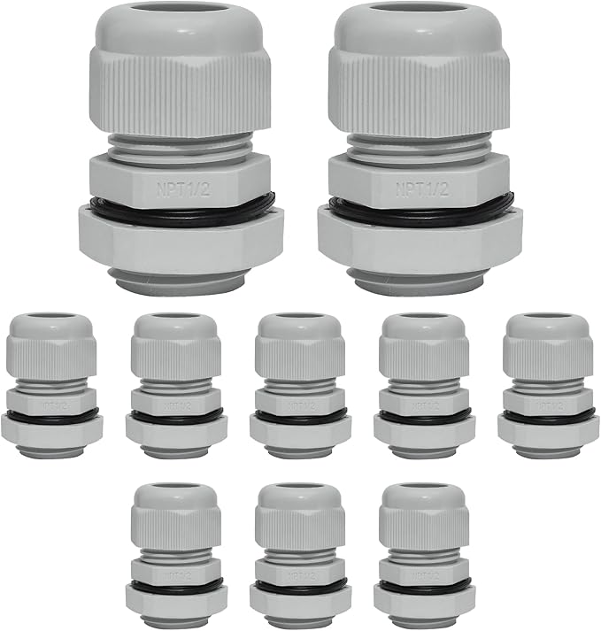 Bonsicoky 10 Pcs 1/2" NPT Nylon Cable Glands, IP68 Waterproof Adjustable Cord Grip Cable Connector Strain Relief Wire Protectors for 6-12mm Cable Diameter, Grey