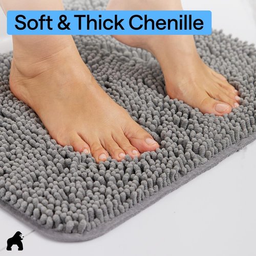 Gorilla Grip Plush Chenille Bath Rug Mat - Soft Microfiber for Square Toilet Base | Machine Washable, Grey