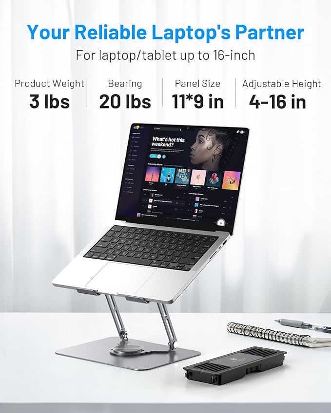 Metfut Laptop Cooling Pad with Detachable Fan & Cooler, Adjustable Height & Angle, 360 Rotation Base, Carbon Steel Framework, Ultra-Quiet & Super Sturdy for 15.6” Laptop, DJ Mixer Workstation (Grey)