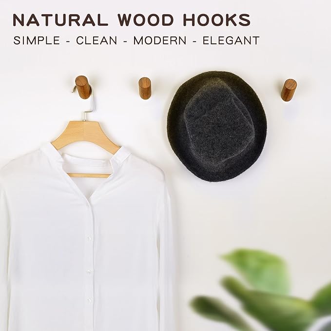 Felidio Wooden Wall Hooks, 2 Pack Coat Hooks Wall Mount, Natural Wood Hooks Coat Rack, Heavy Duty Hooks for Hanging Towels Entryway Coats Hat Rack for Wall (Walnut Wood)