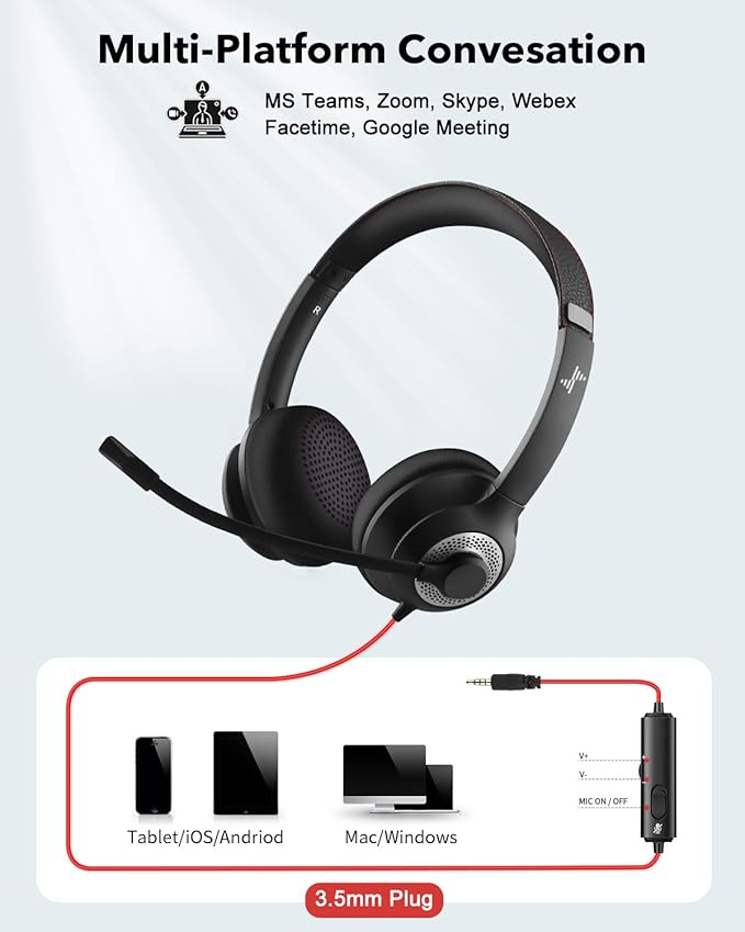 JIAMQISHI USB Headset with Mic for PC, On-Ear Computer Laptop Headphones with Noise Cancelling Microphone Control for Home Office Online Class Skype Zoom (3.5mm, Black)