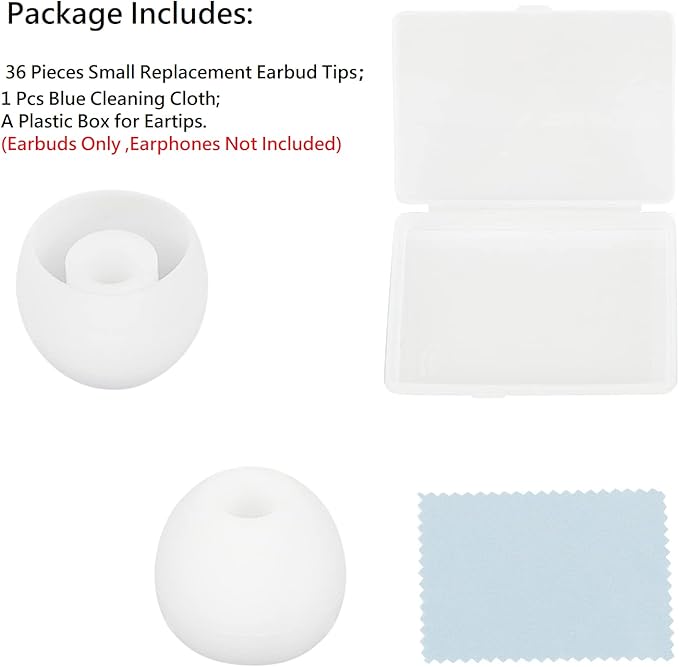 CYADCI 36 Pieces Small Earbud Tips Soft and Comfortable Silicone Earbud Tips Ear Bud Replacement Pieces Silicone Fit Most in-Ear Headphones，Inner Hole 3.8mm -5.5mm，Small White Replacement Eartips