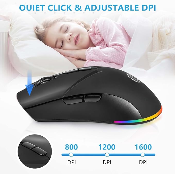Mouse Wireless, Bluetooth Rechargeable Mouse, Dual Mode BT 5.2 + 2.4G USB Silent Wireless Bluetooth Mouse, RGB Ergonomic Portable 3-Level 1600 DPI Mouse for Laptop, iPad, MacBook Air Pro, PC, Black