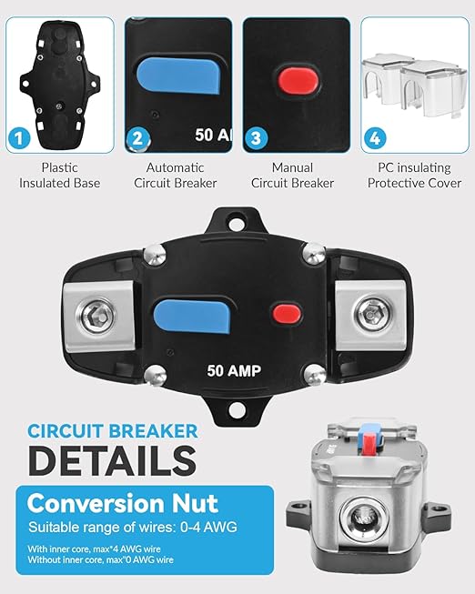 BULVACK 50 Amp Circuit Breaker with Manual Reset Waterproof Inline Fuse Inverter for Marine Trolling Motors Boat ATV Manual Power, Suface Mount, 12V-48V DC