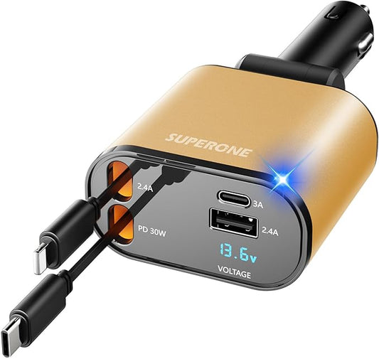 【Upgraded】 SUPERONE Retractable Car Charger 4 in 1, Fast Car Phone Charger with Cord 2.6ft, USB C and Apple Car Charger Adapter, Compatible with iPhone 17 16 15/15 Pro Max/14/13/12/11, Galaxy, Pixel
