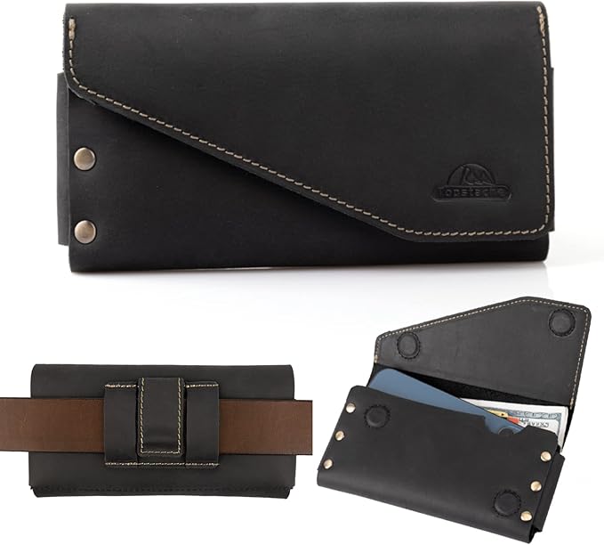 Topstache Leather Phone Holster with Belt Clip for iPhone 17/16 Pro Max & Plus - Leather Belt Card Holder for Galaxy S25/S24/S23 Ultra - Cell Phone Pouch - Fit Protective Cover on, XL,Black