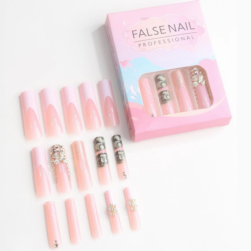 MISUD Press on Nails - Extra Long Square Glue on Nails with French Tip, Acrylic Dollar Money Rhinestone Design 24 pcs