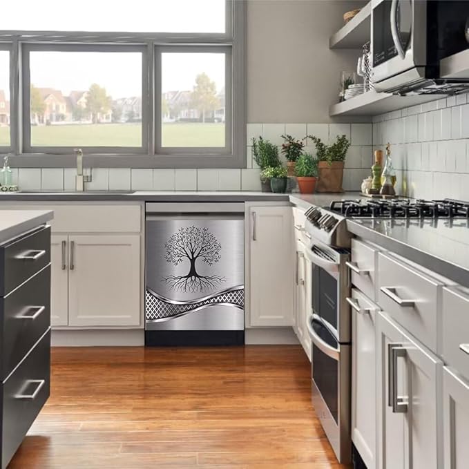Stainless Steel Design Tree Painting Magnetic Dishwasher Cover Sticker,Kitchen Decor Magnet Cabinet Fridge Panel Decal Sticker 23W x 17H inchs