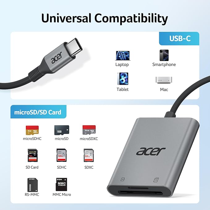 Acer SD Card Reader USB C, Dual Slots Type C to Memory Card Reader, Aluminum Micro SD Card Camera Adapter for MicroSD, SDHC, SDXC, Compatible with iPhone17/16/15, MacBook Neo/Pro/Air, iPad, Laptop