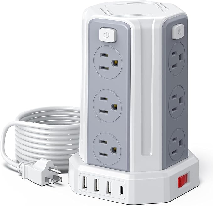 Power Strip Surge Protector, 10 Ft Extension Cord with 12 AC Multiple Outlets 4 USB (1 USB C), SMALLRT Power Tower Desktop Charging Station