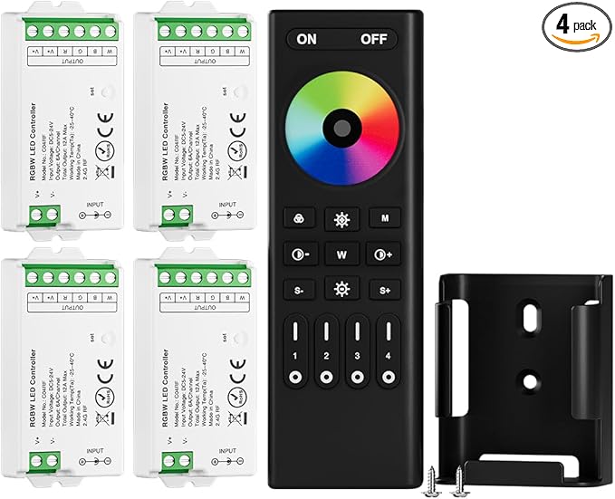 BTF-LIGHTING 2.4GHz Wireless RF Remote RC03RFB &4PCS C04RF Tuya Controller Kit 4 Zones Group Control 5050SMD FCOB COB PWM RGBW (+ R G B W) 5pin LED Strip DC5V DC12V DC24V