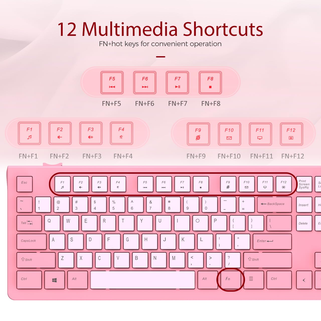 Wired Keyboard, Ultra-Thin USB Wired Computer Keyboard, Low-Profile Keys, Spill-Resistant, Multimedia Keys, Compatible with Windows, Mac, Chrome, Linux, and Android-Rose Pink