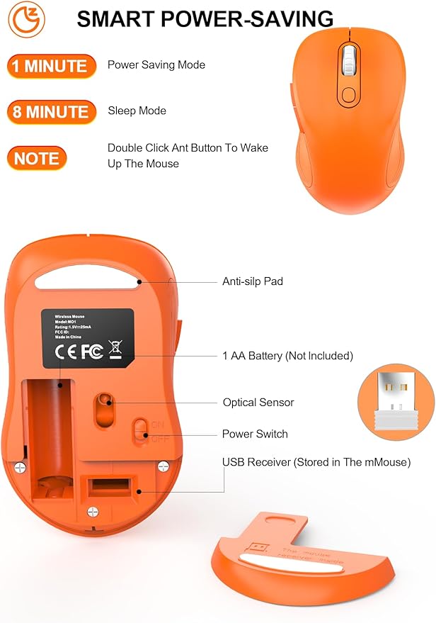 Trueque Wireless Mouse for Laptop, 2.4GHz Ergonomic Computer Mouse with Back & Forward Buttons, 3 Adjustable DPI Levels, 6 Buttons, Optical USB Cordless Mice for Windows PC, M01 (Orange)