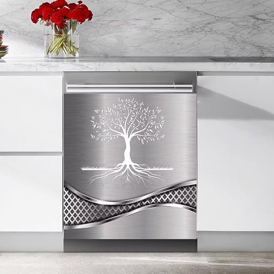 Stainless Steel Design Tree Pattern Kitchen Decorative Dishwasher Cover Magnet Sticker,Fridge Panel Door,Refrigerator Decal Home Decor 23x26inch