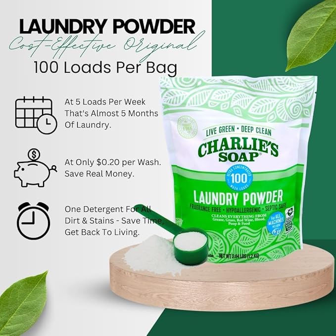 Charlieâs Soap Laundry Powder (100 Loads, 2 Pack) Hypoallergenic Deep Cleaning Washing Powder Detergent â Eco-Friendly, Safe, and Effective