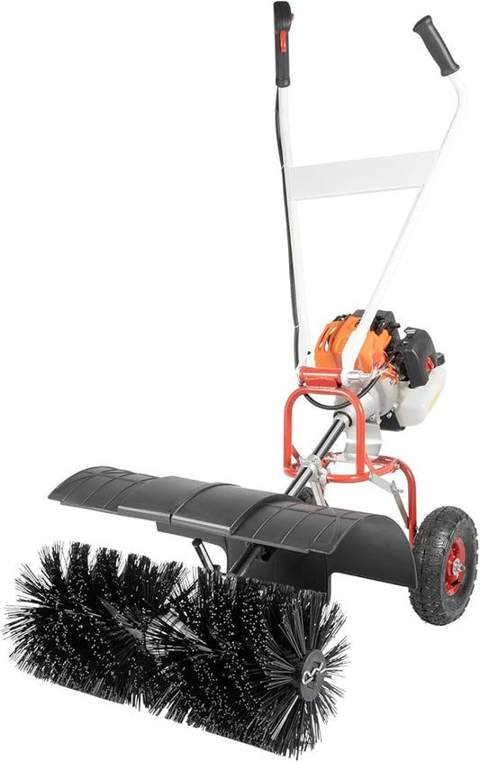 52CC Walk Behind Power Sweeper Broom, 2 Stroke 2.5HP Snow Sweeper with 20-Inch Brush, Single Cylinder Air Cooling Fuel Engine Snowplow Broom, Outdoor Lawn Sweeper Cleaner Tools