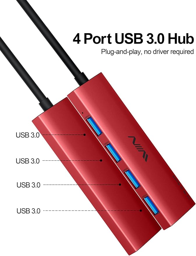 USB 3.0 Hub, 4 Port USB Hub Splitter, USB A Expander Portable USB Adapter Multiport Data Hub for Laptop, iMac Pro, MacBook Air, Mac mini/Pro, Surface Pro, USB Flash Drives, and Mobile HDD-Red