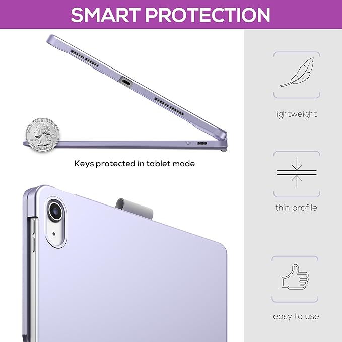 typecase Touch iPad 11th 10th Generation Case with Keyboard (11" 2025, A16 & 10.9" 2022) – 360° Rotatable, 11-Color Backlit, Multi-Touch Trackpad, Pencil Holder, Thin & Light – Light Purple