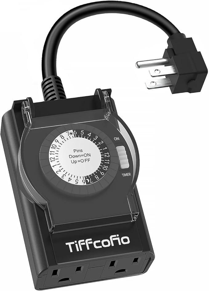 TiFFCOFiO Outdoor Timer Outlet Waterproof, 24 Hour Mechanical Light Timer Outdoor, 2 Grounded Outlets for Home and Garden, 15A 1/2HP, Heavy Duty, ETL Listed (1 Pack)