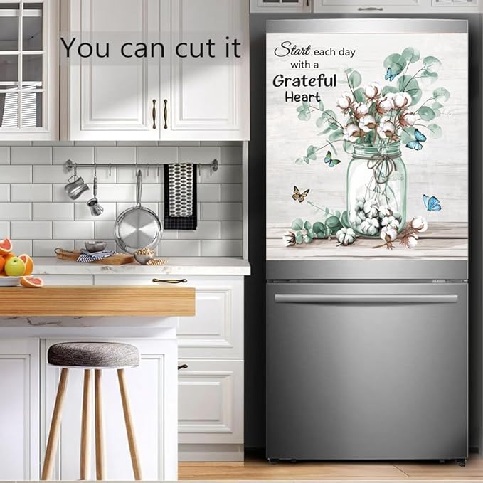 Generic Vase Cotton Flower Dishwasher Cover Magnet Kitchen Decorative,Rustic Kapok Floral Butterfly Wood Grain Refrigerator Magnets Decals,Inspiring Quotes Home Appliance Sticker,Magnetic 23x26