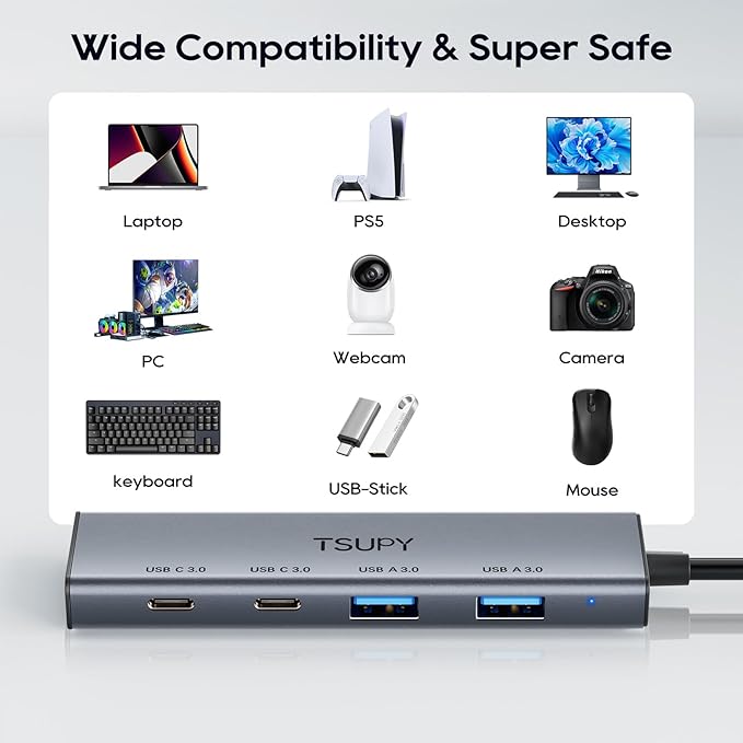 USB 3.0 Splitter HUB with 2 USB-C & 2 USB-A Port,Multi USB C USB A 3.0 Hub with 4FT Extended Cable,4 Ports USB Extender Multi USB Port Hub for Laptop, PC, Flash Drive, HDD,Printer, Mouse, Keyboard